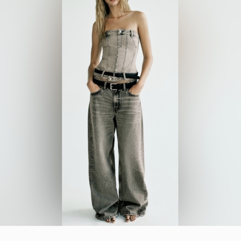 NWT Zara Corset Style Denim Top Jean Strapless Back Zip  Size S - Picture 2 of 10
